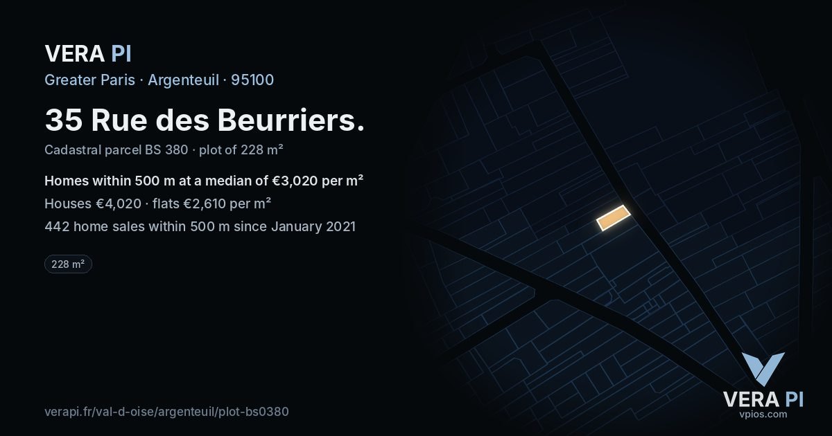 35 Rue des Beurriers, Argenteuil at night – the plot lit, the parcels around coloured by the prices near them