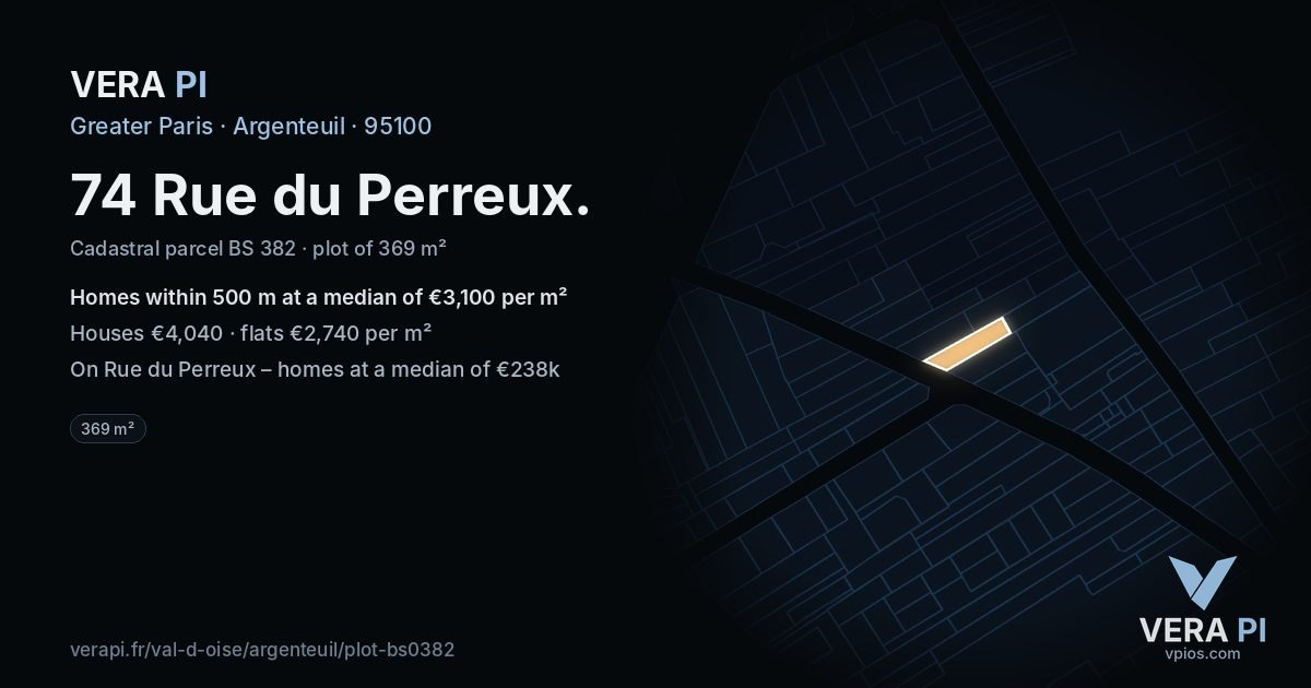 74 Rue du Perreux, Argenteuil at night – the plot lit, the parcels around coloured by the prices near them