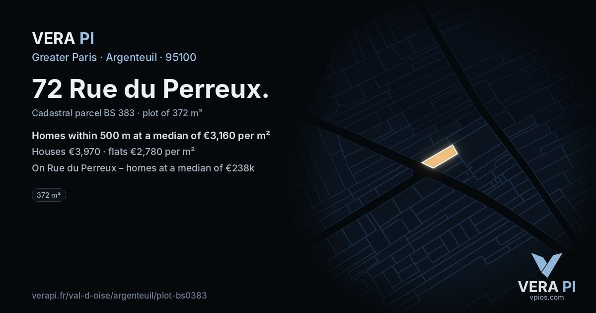 72 Rue du Perreux, Argenteuil at night – the plot lit, the parcels around coloured by the prices near them