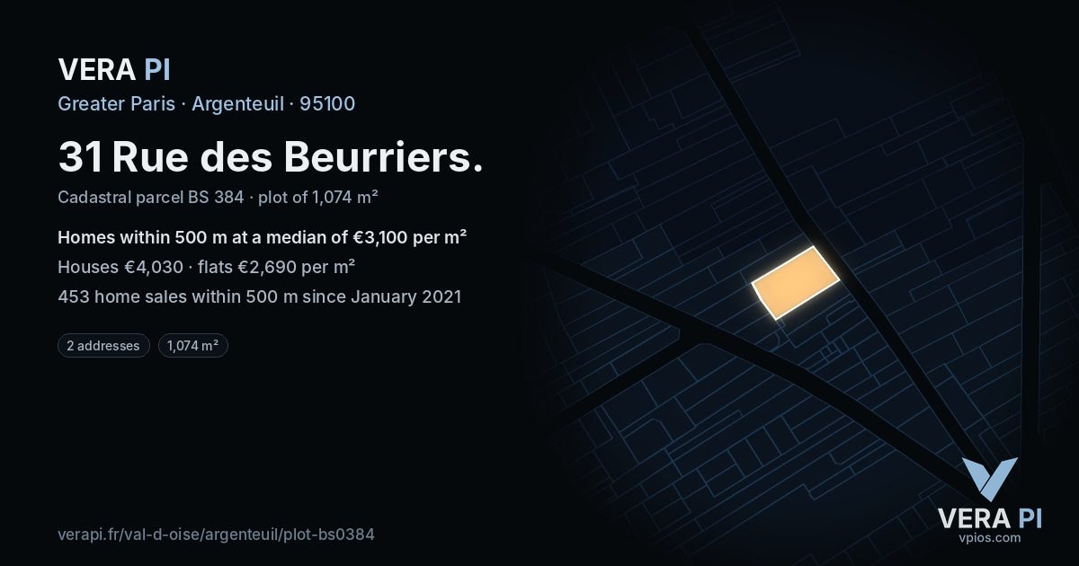 31 Rue des Beurriers, Argenteuil at night – the plot lit, the parcels around coloured by the prices near them