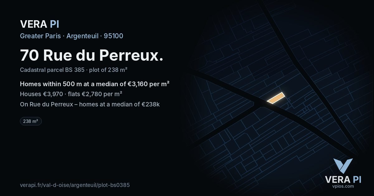 70 Rue du Perreux, Argenteuil at night – the plot lit, the parcels around coloured by the prices near them