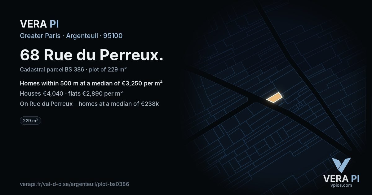 68 Rue du Perreux, Argenteuil at night – the plot lit, the parcels around coloured by the prices near them