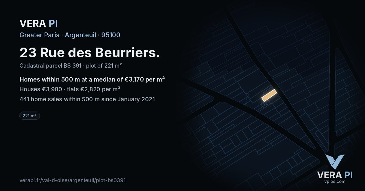 23 Rue des Beurriers, Argenteuil at night – the plot lit, the parcels around coloured by the prices near them