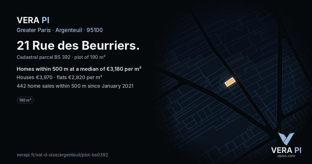 21 Rue des Beurriers, Argenteuil at night – the plot lit, the parcels around coloured by the prices near them