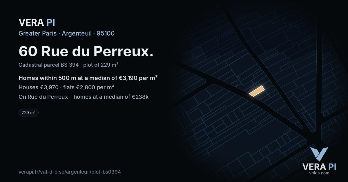 60 Rue du Perreux, Argenteuil at night – the plot lit, the parcels around coloured by the prices near them
