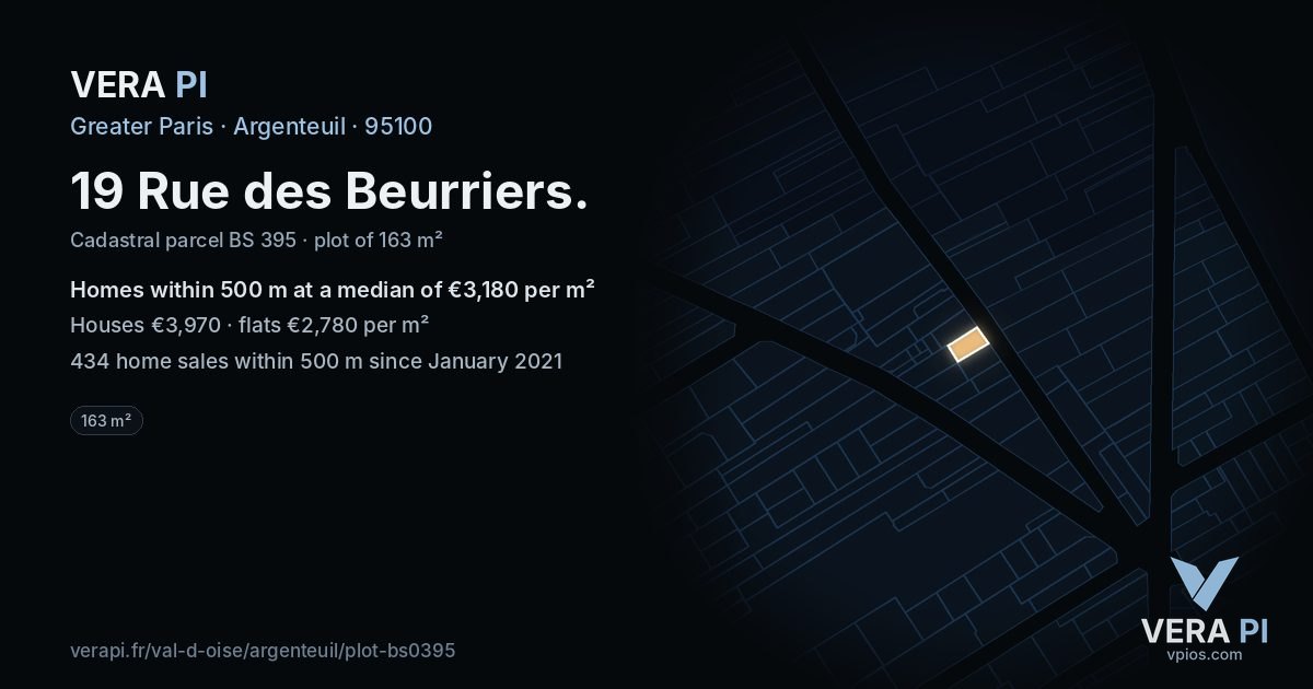 19 Rue des Beurriers, Argenteuil at night – the plot lit, the parcels around coloured by the prices near them