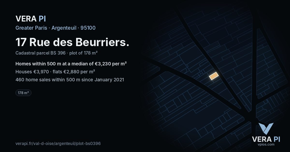 17 Rue des Beurriers, Argenteuil at night – the plot lit, the parcels around coloured by the prices near them