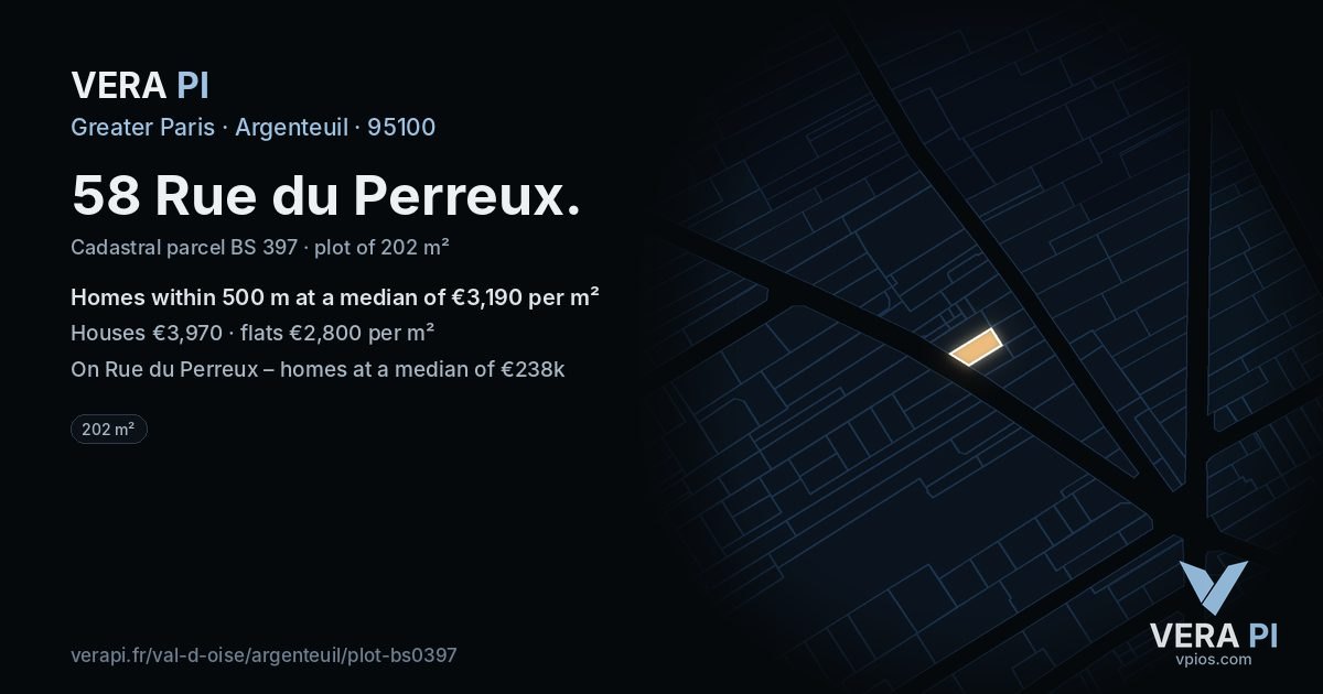 58 Rue du Perreux, Argenteuil at night – the plot lit, the parcels around coloured by the prices near them