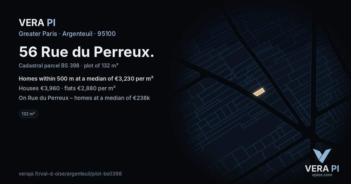 56 Rue du Perreux, Argenteuil at night – the plot lit, the parcels around coloured by the prices near them