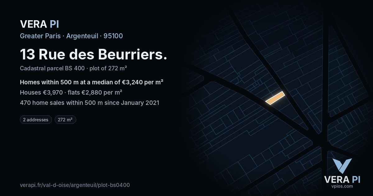 13 Rue des Beurriers, Argenteuil at night – the plot lit, the parcels around coloured by the prices near them