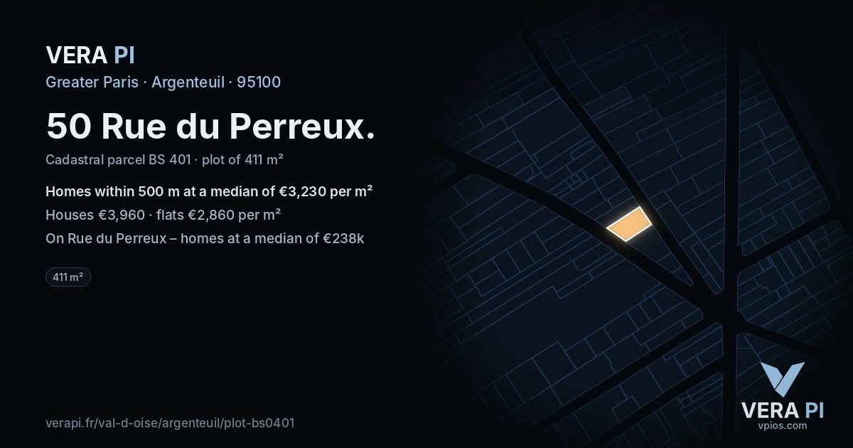 50 Rue du Perreux, Argenteuil at night – the plot lit, the parcels around coloured by the prices near them