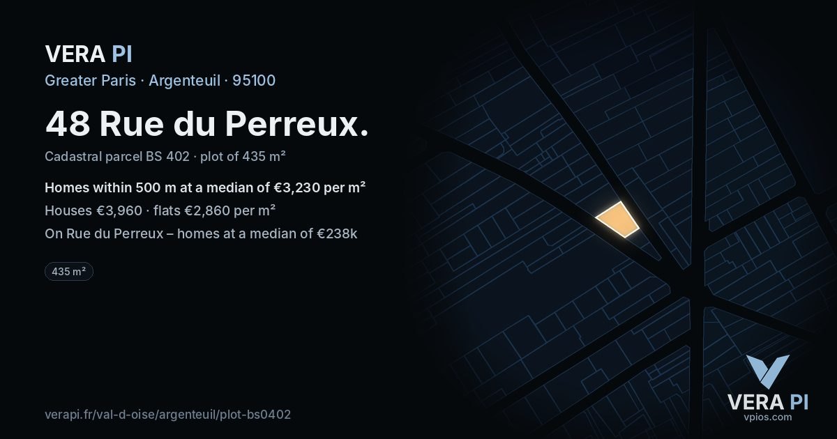 48 Rue du Perreux, Argenteuil at night – the plot lit, the parcels around coloured by the prices near them