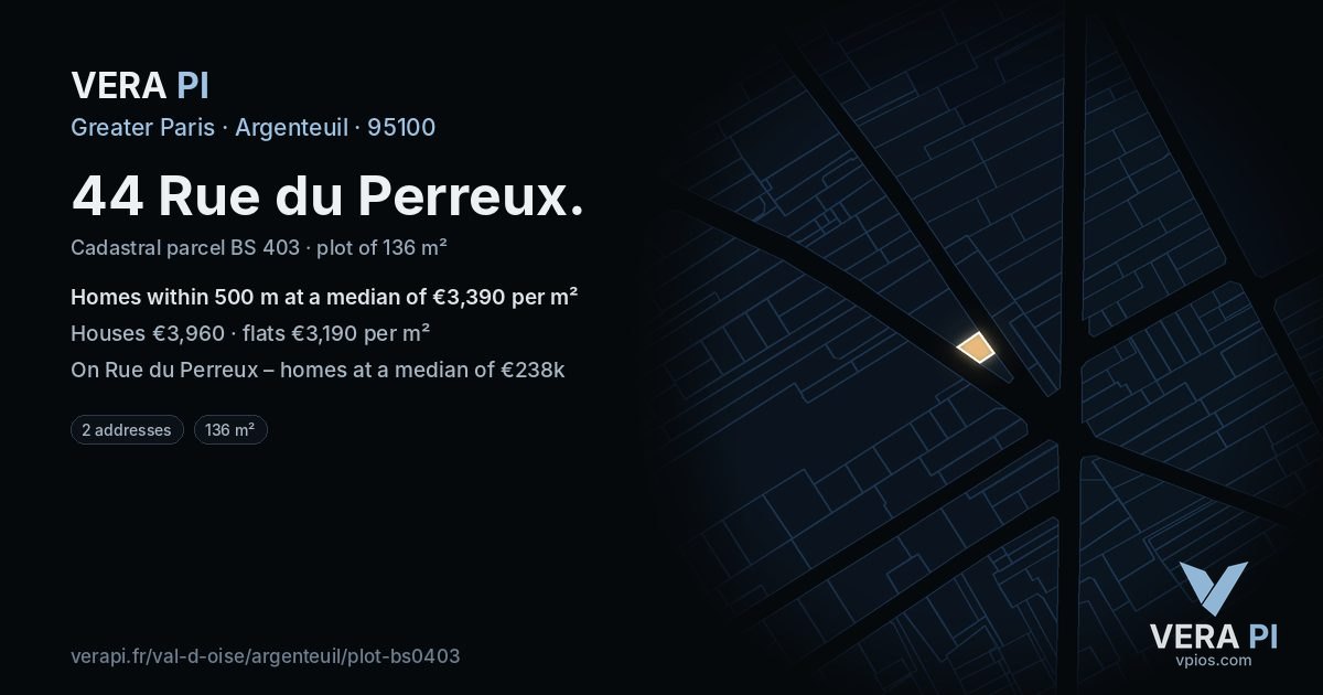 44 Rue du Perreux, Argenteuil at night – the plot lit, the parcels around coloured by the prices near them