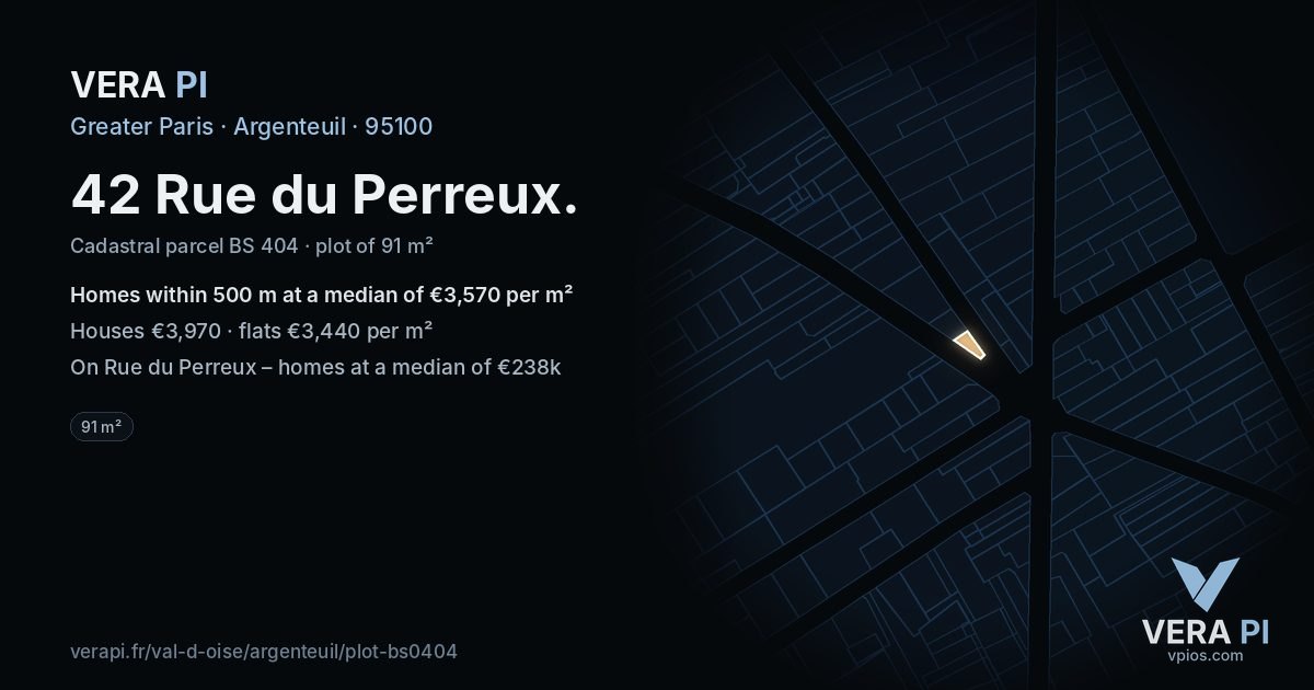 42 Rue du Perreux, Argenteuil at night – the plot lit, the parcels around coloured by the prices near them