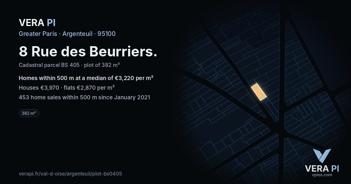 8 Rue des Beurriers, Argenteuil at night – the plot lit, the parcels around coloured by the prices near them