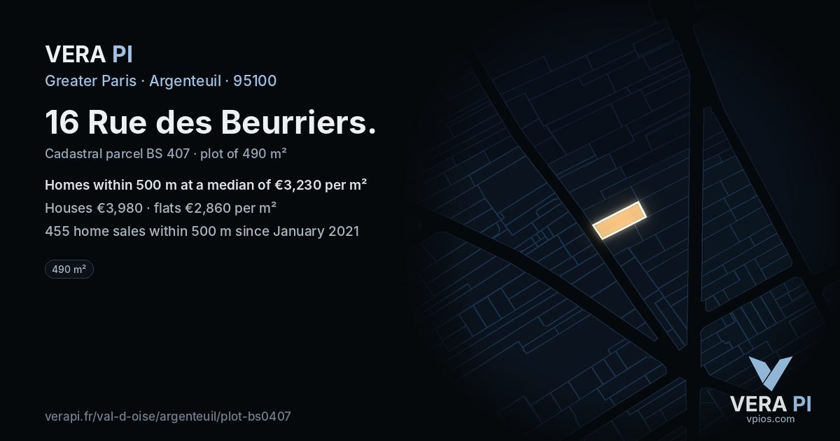 16 Rue des Beurriers, Argenteuil at night – the plot lit, the parcels around coloured by the prices near them