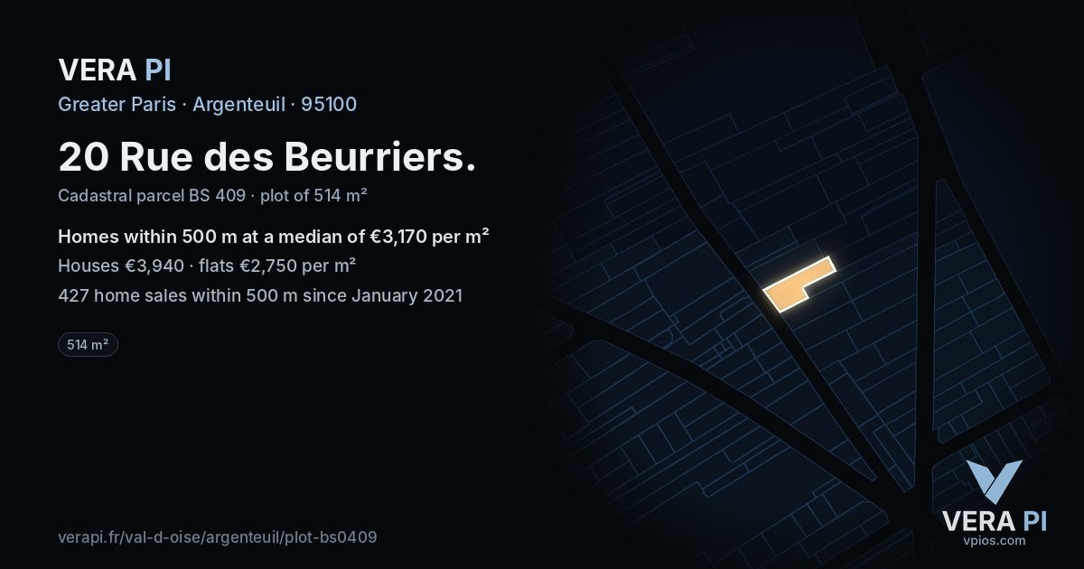20 Rue des Beurriers, Argenteuil at night – the plot lit, the parcels around coloured by the prices near them