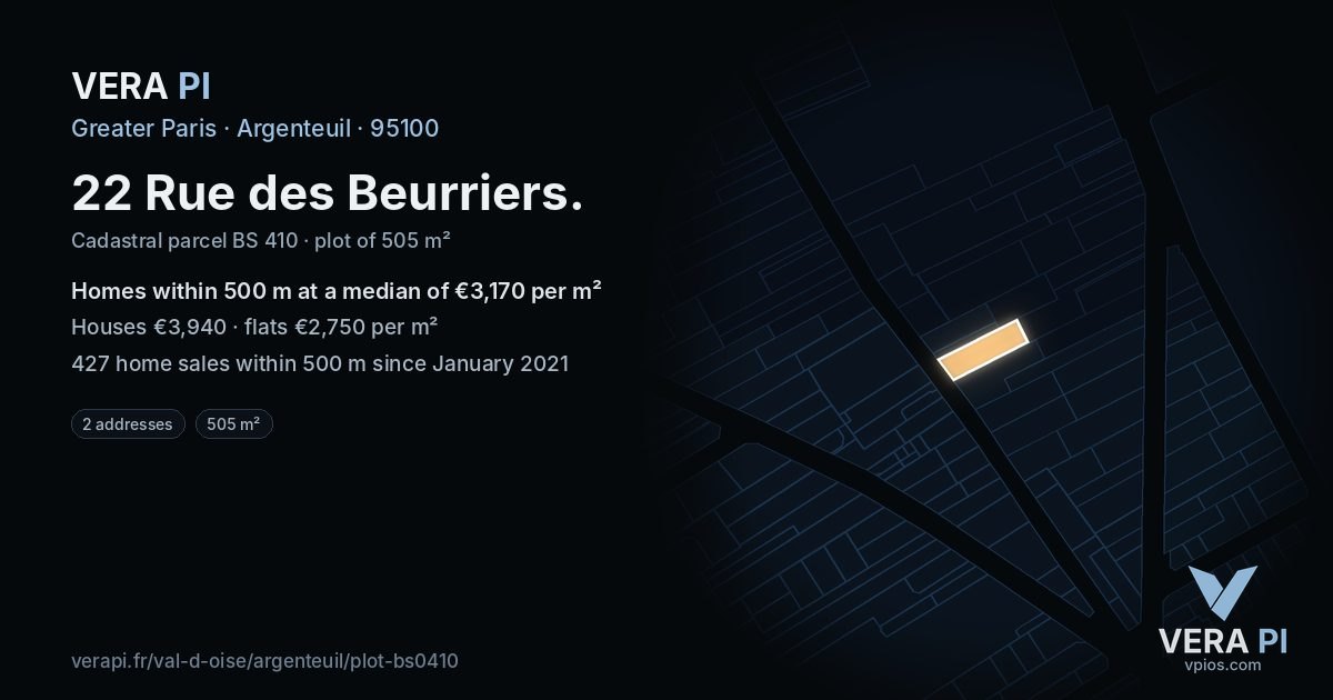 22 Rue des Beurriers, Argenteuil at night – the plot lit, the parcels around coloured by the prices near them
