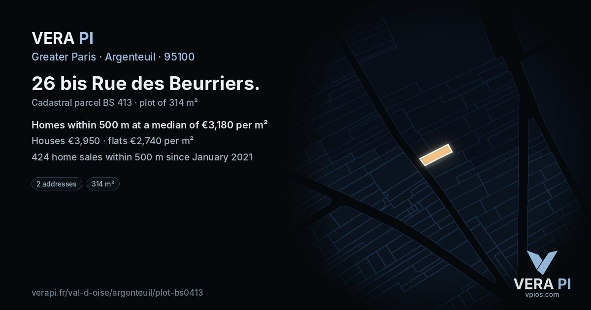 26 bis Rue des Beurriers, Argenteuil at night – the plot lit, the parcels around coloured by the prices near them