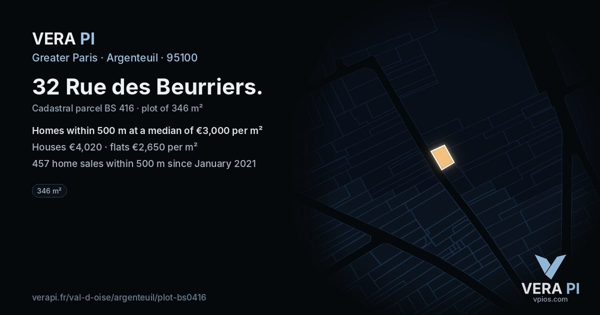 32 Rue des Beurriers, Argenteuil at night – the plot lit, the parcels around coloured by the prices near them