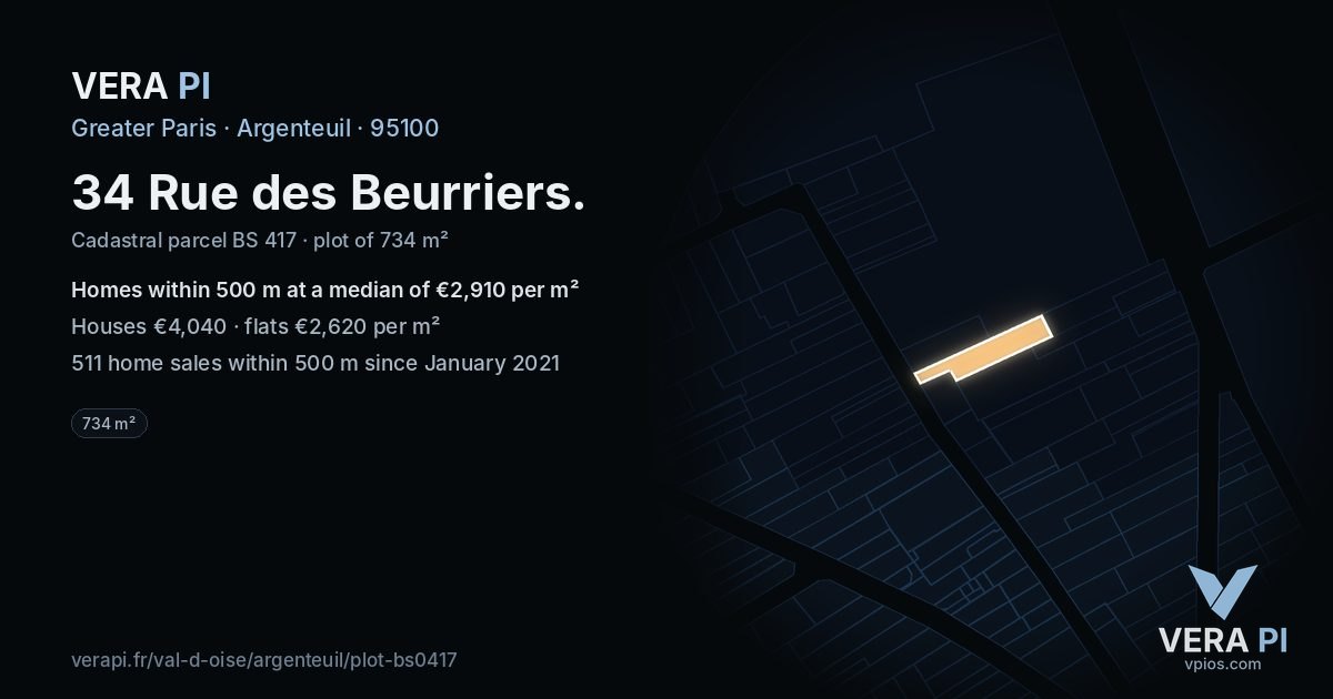 34 Rue des Beurriers, Argenteuil at night – the plot lit, the parcels around coloured by the prices near them