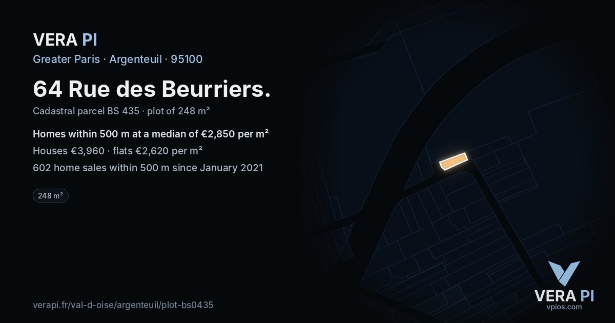 64 Rue des Beurriers, Argenteuil at night – the plot lit, the parcels around coloured by the prices near them