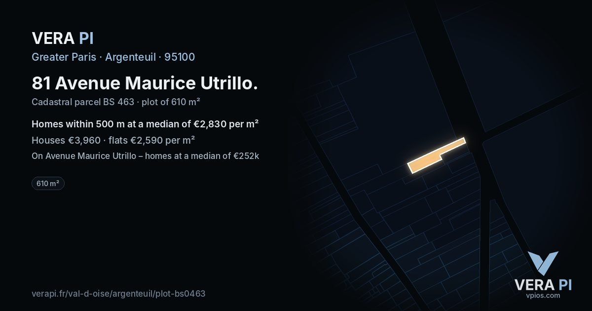 81 Avenue Maurice Utrillo, Argenteuil at night – the plot lit, the parcels around coloured by the prices near them
