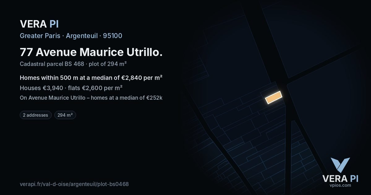 77 Avenue Maurice Utrillo, Argenteuil at night – the plot lit, the parcels around coloured by the prices near them