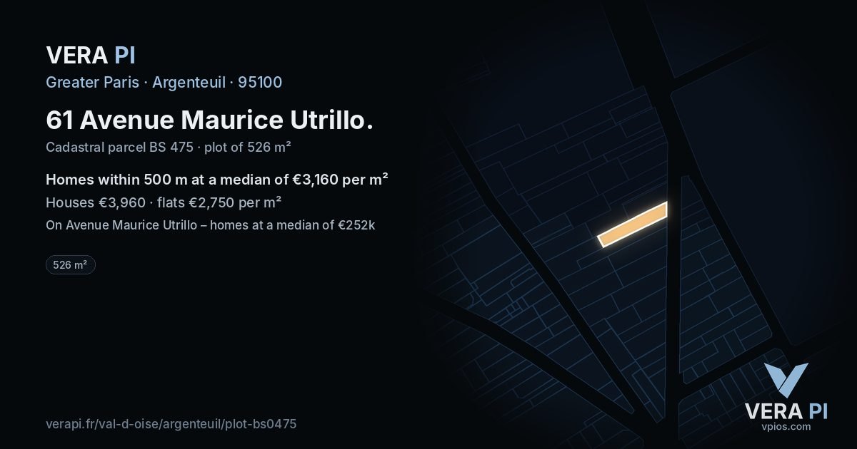 61 Avenue Maurice Utrillo, Argenteuil at night – the plot lit, the parcels around coloured by the prices near them