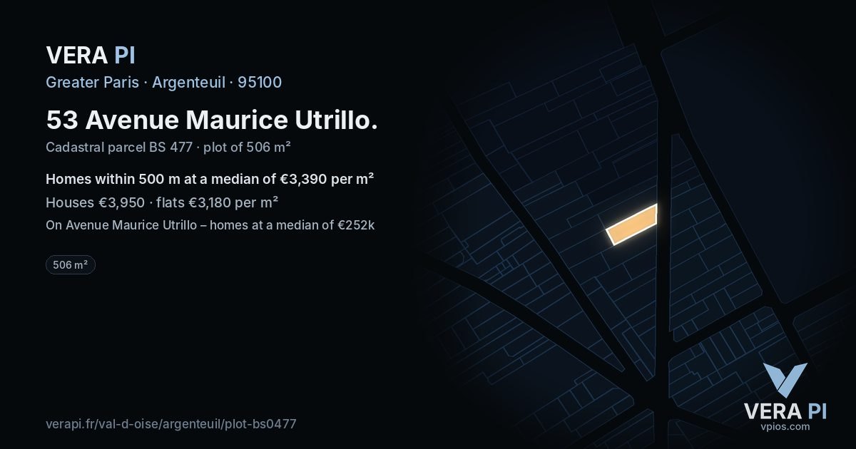 53 Avenue Maurice Utrillo, Argenteuil at night – the plot lit, the parcels around coloured by the prices near them