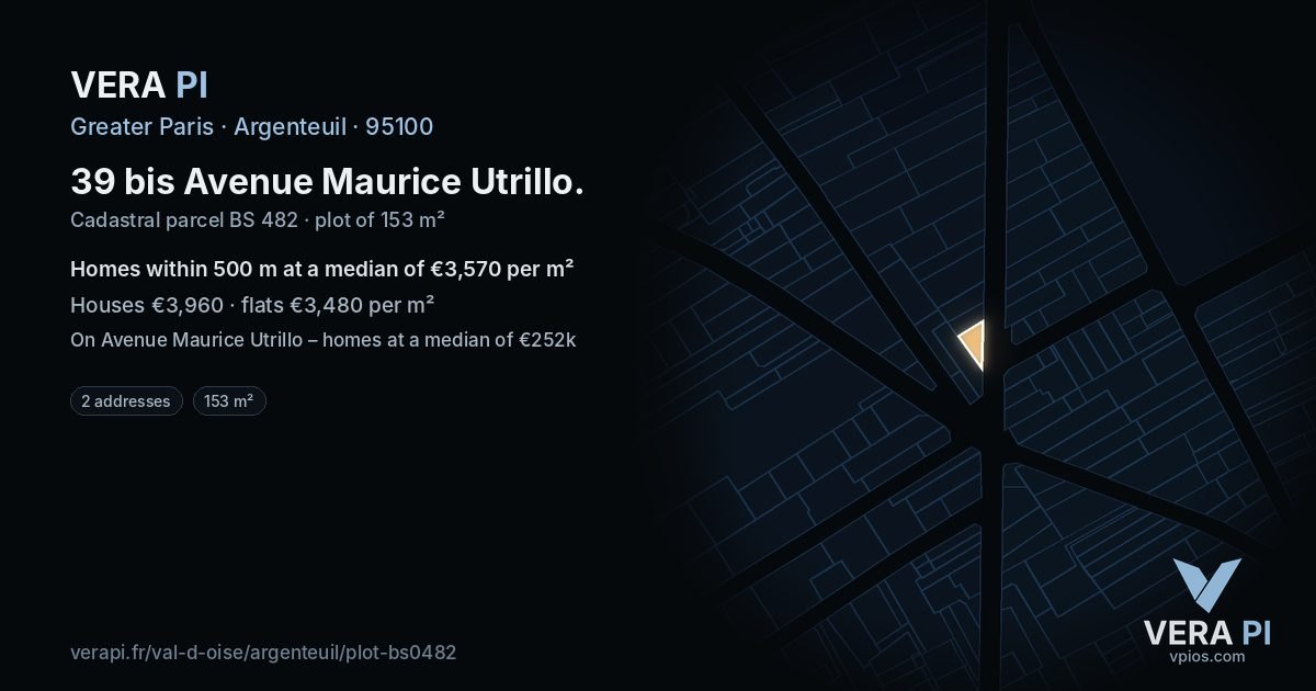 39 bis Avenue Maurice Utrillo, Argenteuil at night – the plot lit, the parcels around coloured by the prices near them