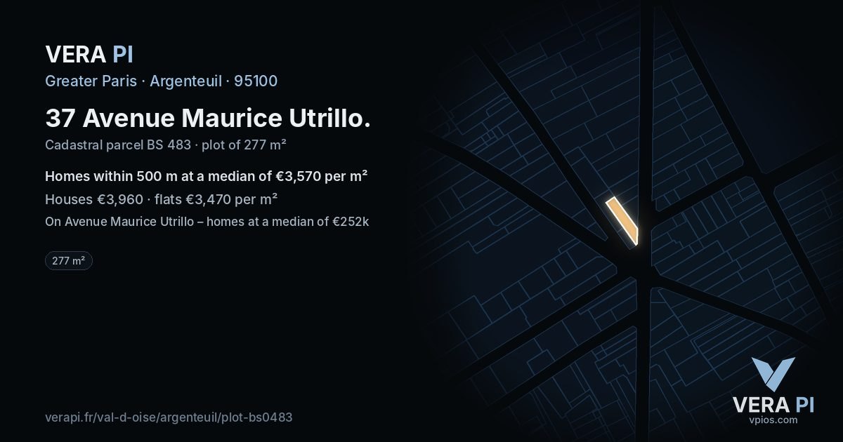 37 Avenue Maurice Utrillo, Argenteuil at night – the plot lit, the parcels around coloured by the prices near them