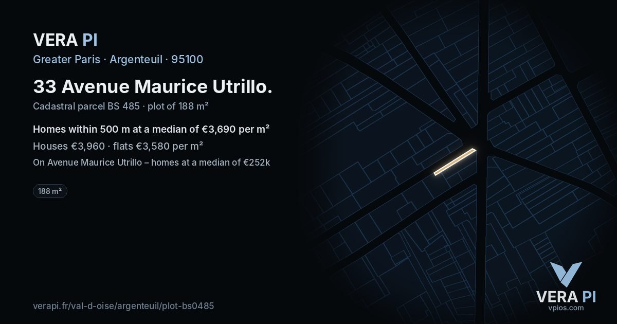 33 Avenue Maurice Utrillo, Argenteuil at night – the plot lit, the parcels around coloured by the prices near them
