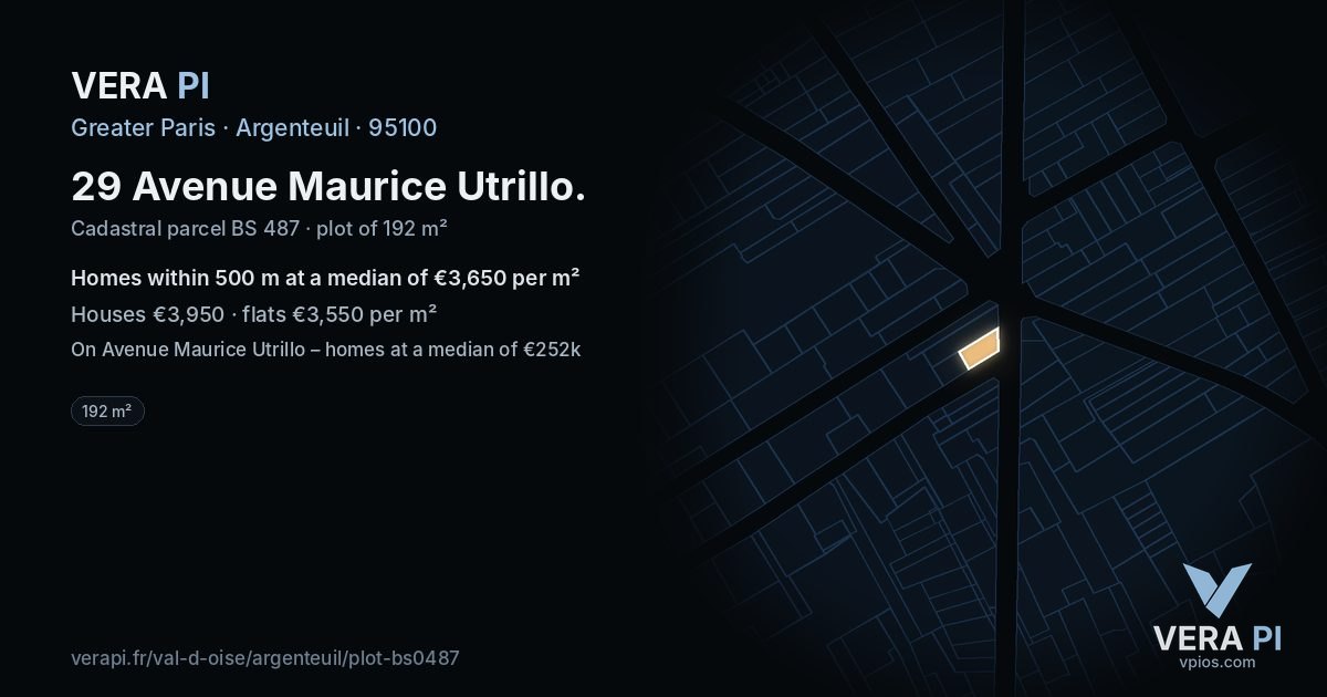 29 Avenue Maurice Utrillo, Argenteuil at night – the plot lit, the parcels around coloured by the prices near them