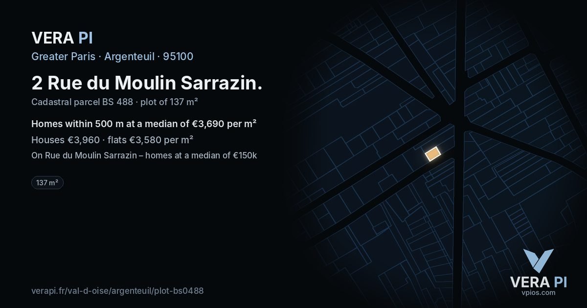 2 Rue du Moulin Sarrazin, Argenteuil at night – the plot lit, the parcels around coloured by the prices near them