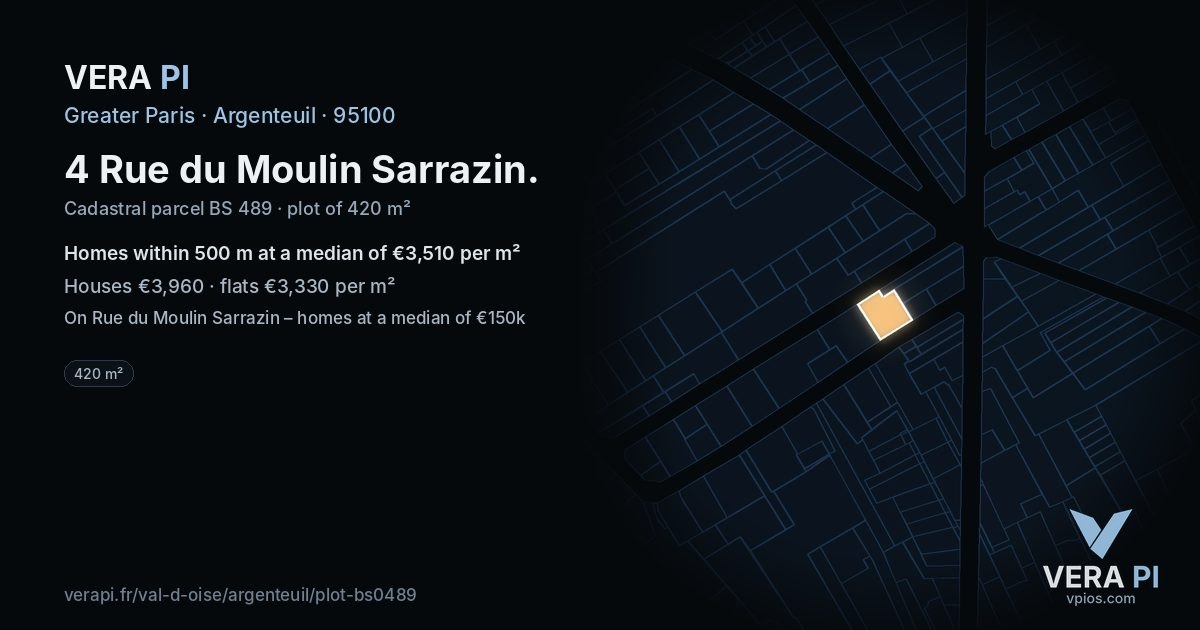 4 Rue du Moulin Sarrazin, Argenteuil at night – the plot lit, the parcels around coloured by the prices near them