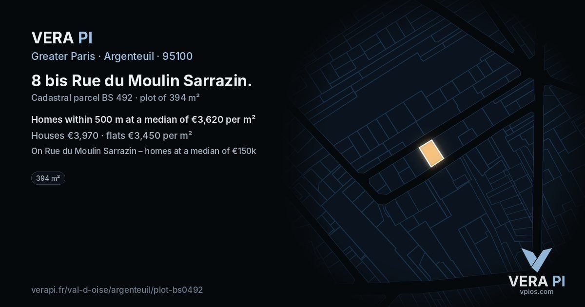 8 bis Rue du Moulin Sarrazin, Argenteuil at night – the plot lit, the parcels around coloured by the prices near them
