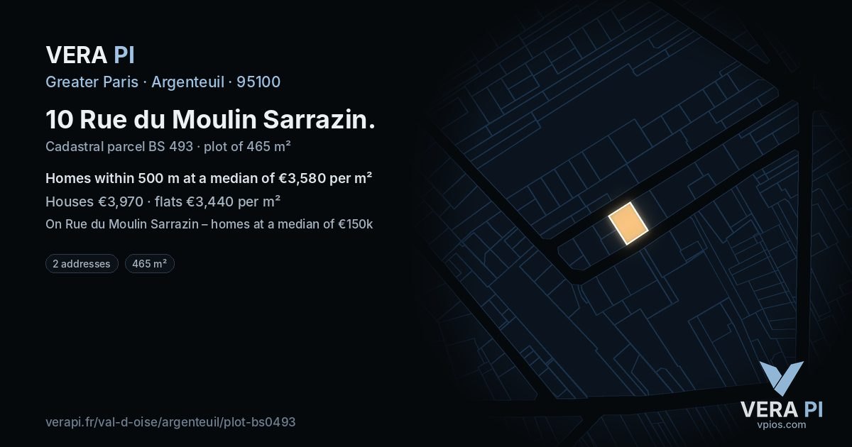10 Rue du Moulin Sarrazin, Argenteuil at night – the plot lit, the parcels around coloured by the prices near them