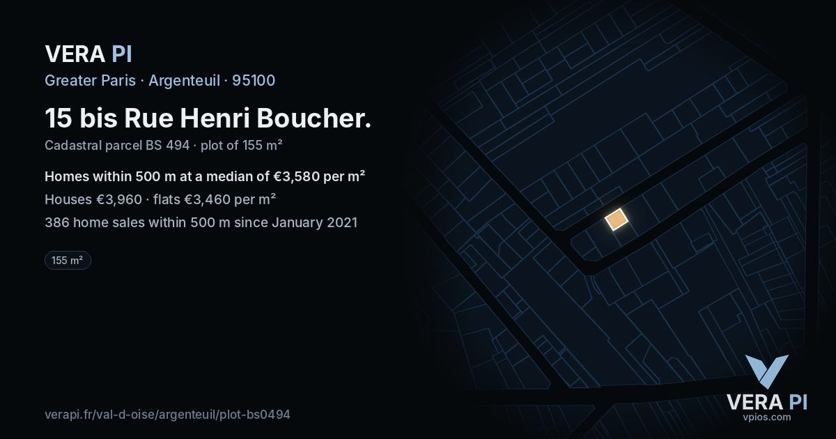 15 bis Rue Henri Boucher, Argenteuil at night – the plot lit, the parcels around coloured by the prices near them