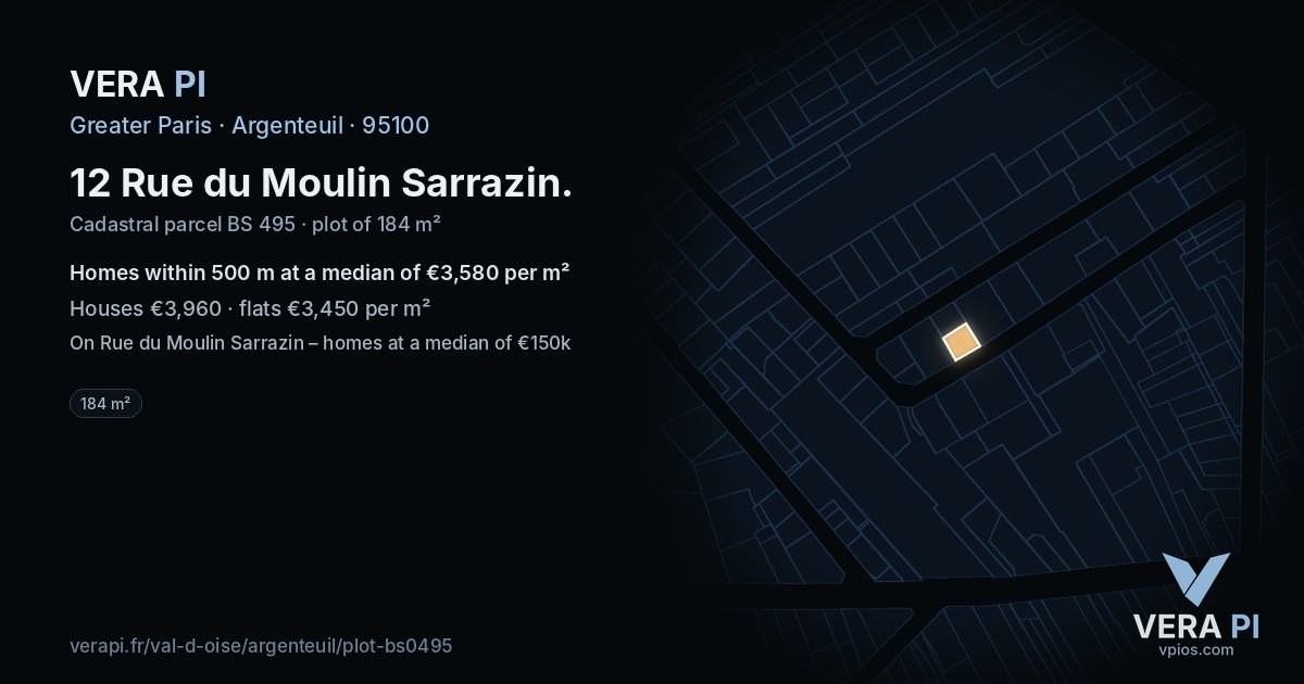 12 Rue du Moulin Sarrazin, Argenteuil at night – the plot lit, the parcels around coloured by the prices near them