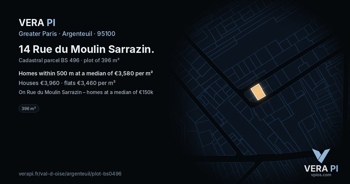 14 Rue du Moulin Sarrazin, Argenteuil at night – the plot lit, the parcels around coloured by the prices near them