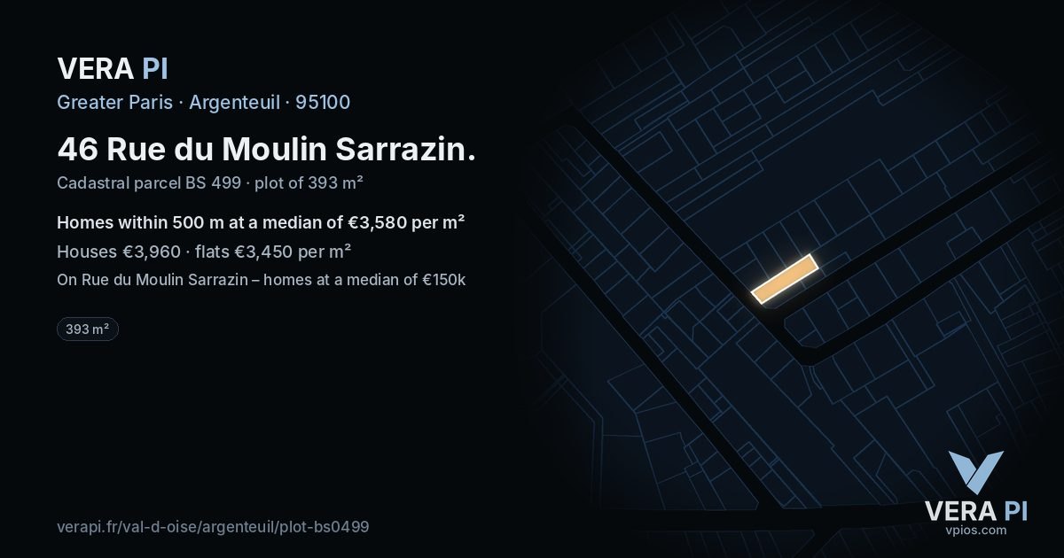 46 Rue du Moulin Sarrazin, Argenteuil at night – the plot lit, the parcels around coloured by the prices near them