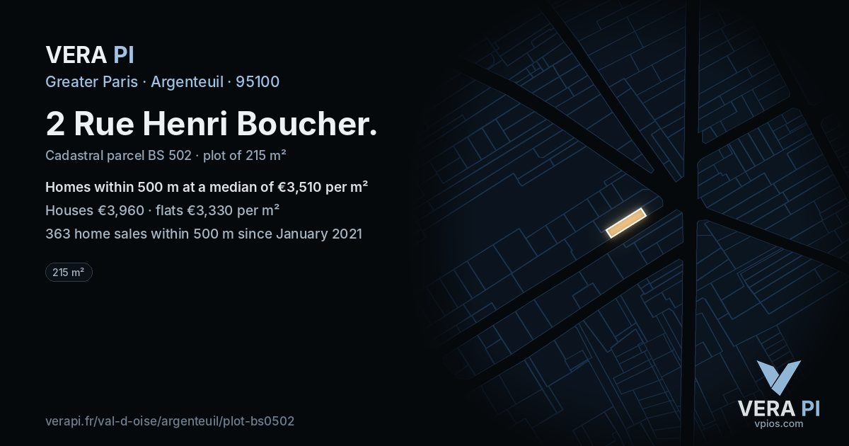 2 Rue Henri Boucher, Argenteuil at night – the plot lit, the parcels around coloured by the prices near them