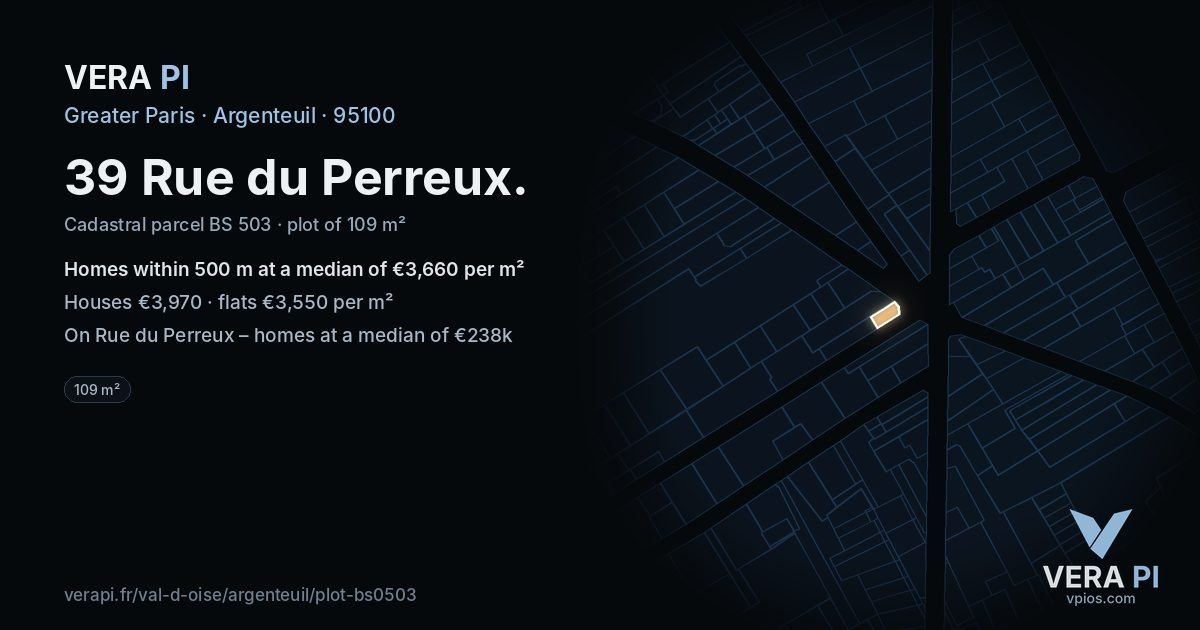 39 Rue du Perreux, Argenteuil at night – the plot lit, the parcels around coloured by the prices near them