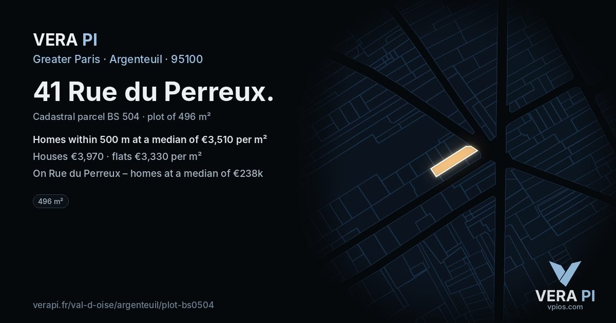 41 Rue du Perreux, Argenteuil at night – the plot lit, the parcels around coloured by the prices near them