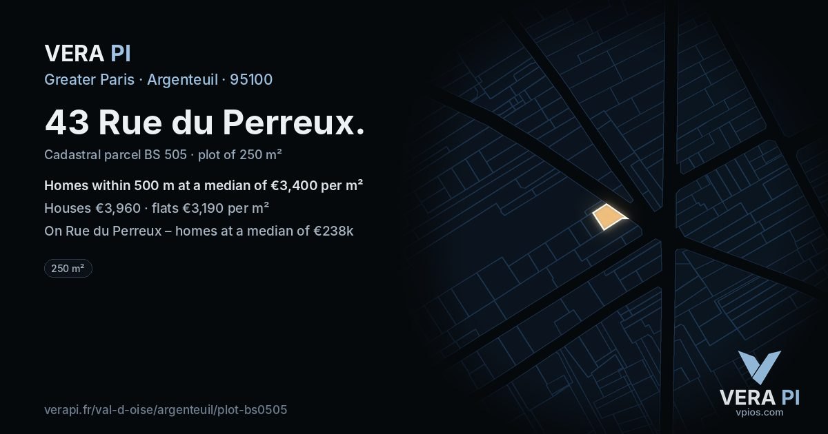 43 Rue du Perreux, Argenteuil at night – the plot lit, the parcels around coloured by the prices near them