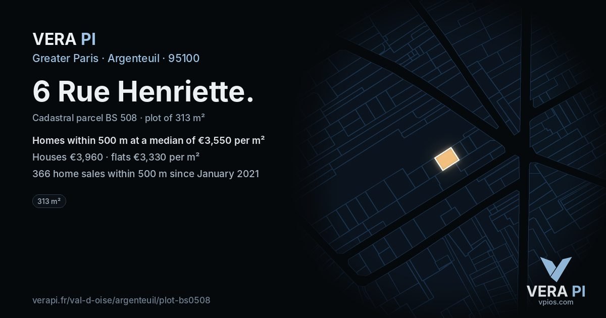 6 Rue Henriette, Argenteuil at night – the plot lit, the parcels around coloured by the prices near them