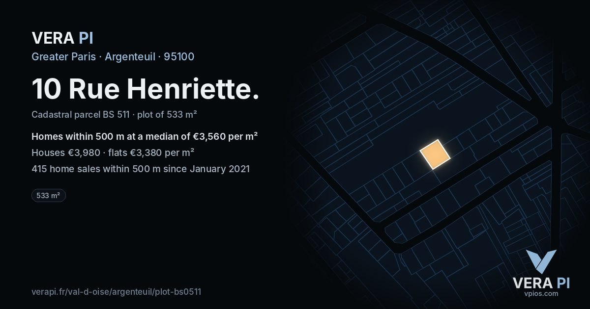 10 Rue Henriette, Argenteuil at night – the plot lit, the parcels around coloured by the prices near them