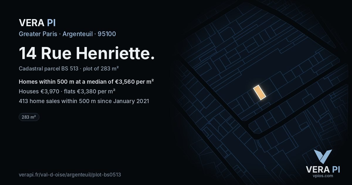 14 Rue Henriette, Argenteuil at night – the plot lit, the parcels around coloured by the prices near them