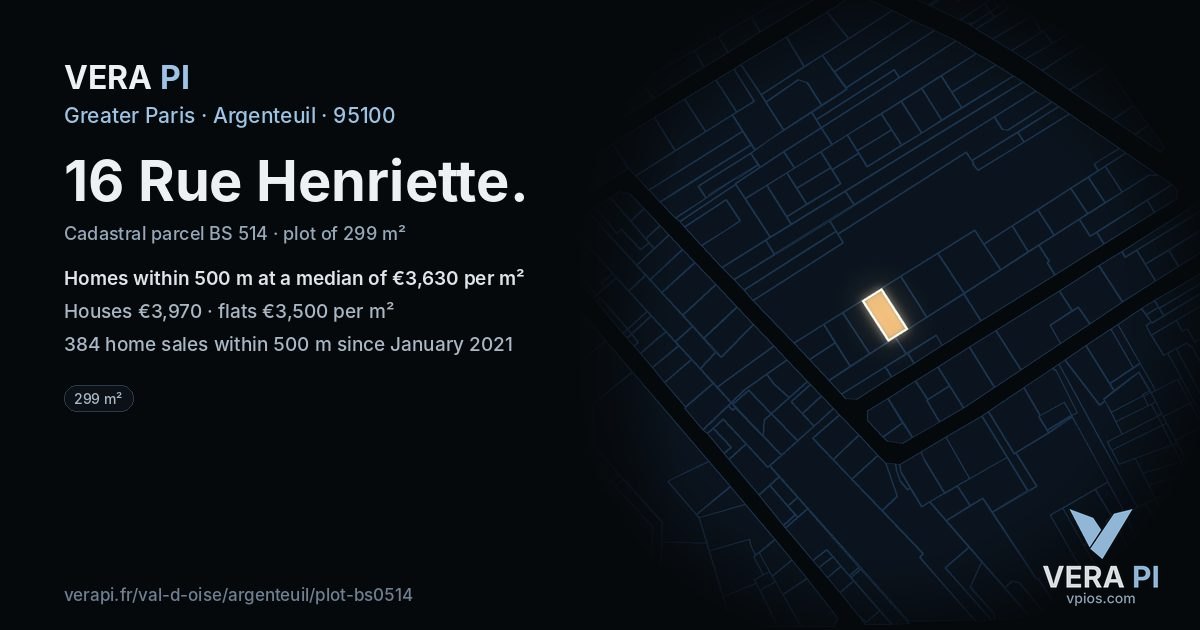 16 Rue Henriette, Argenteuil at night – the plot lit, the parcels around coloured by the prices near them